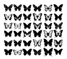 Obraz premium Butterfly silhouettes black ink vector concepts. Nature insects symmetrical wings flying bugs pollen variety species monochrome icons, isolated on white background