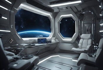 space futuristic interior endless station technology floating sleek visible stars window way milky spaceship science galaxy ship universe spacecraft illustration astronomy planet