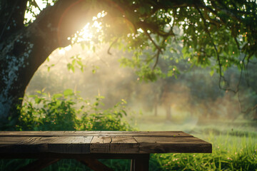 Naklejka premium Rustic Wooden Table in a Sunlit Outdoor Scene with Lush Green Grass and Tree Shadows on a Peaceful Summer Morning