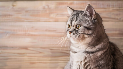 A cute gray cat with yellow eyes on a wooden background, perfect for pet and animal lovers. 
