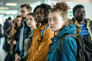 Obraz premium Group of serious boring young multi-ethnic people with bags 