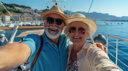 Happy senior couple taking a selfie on a boat on the harbor background - Cruise Tour Travel in retirement