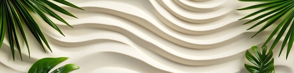 Obraz premium A beach scene with a wave pattern and palm trees. Concept of relaxation and tranquility, as the beach and palm trees are often associated with leisure and vacation