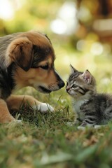 A dog and a cat are laying on the grass, with the dog sniffing the cat. The scene is peaceful and heartwarming, showing the bond between the two animals