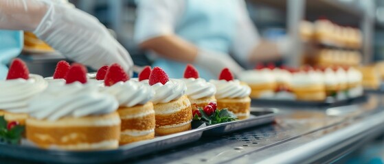Factory workers decorating Yule logs with festive toppings, capturing the art of holiday dessert making 8K , high-resolution, ultra HD,up32K HD