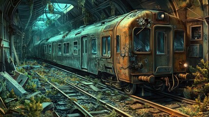 Fototapeta premium Whimsical cartoon background of an abandoned train, with intricate details and a derelict setting