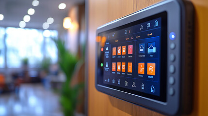 A telephoto angle photo of a home security panel displaying alerts and control options, with copy space