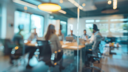Blurred blue and white office meeting with yellow light, perfect for business and teamwork concepts. 
