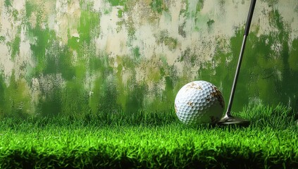 Banner Design of Golf Ball and Club on the Tee Box with Green Grass Background and Copy Space, Perfect for Sports Team or Elegant Golf Party Invitation Card Template