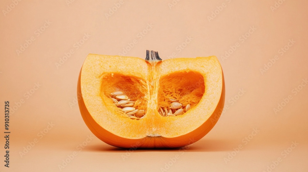 Poster Half a pumpkin with seeds on a peach background.