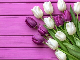 A bouquet of purple and white tulips arranged on a pink wooden surface - Powered by Adobe