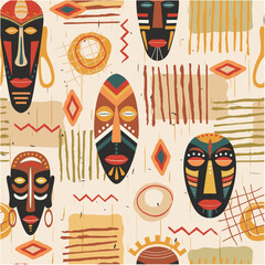 African tribal ethnic pattern, abstract seamless pattern with ornament and african masks
