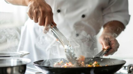 Professional chef cooking a gourmet dish in a modern kitchen. Chef wearing a white uniform and using tongs and a pan. Culinary expertise and fine dining. Close-up captures action and steam. AI