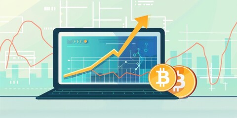 A laptop with an upward arrow and gold coins on the screen, displaying market trends or rising coin performance in virtual currency trading Generative AI