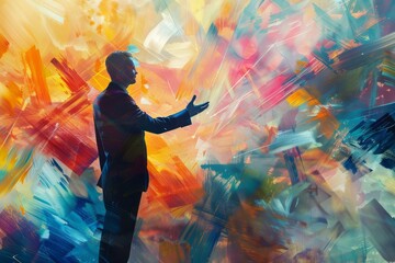 Fototapeta premium Businessman Silhouette Against Vibrant Abstract Background