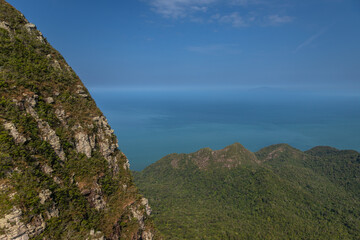 Naklejka premium Landscape exposure from the Langkawi Sky Bridge, that provides amazing views for pedestrian as it passes through the mountain peaks, it is the world's longest curse suspension bridge, Malaysia.