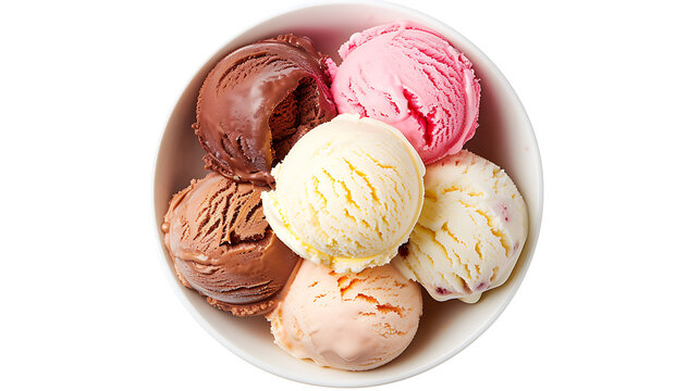A bowl of colorful ice cream scoops, brown, pink and white, a sweet summer treat. 
