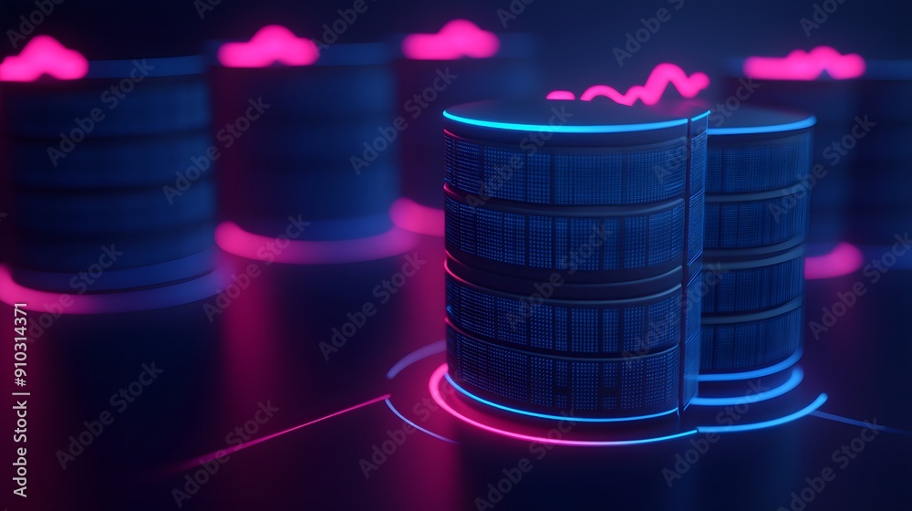 Poster futuristic server room with glowing data storage units and neon lights, representing advanced techno