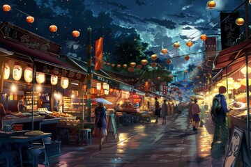 Fototapeta premium Nighttime scene of a bustling street market, with vendors selling goods and customers browsing, Illustrate the excitement of exploring a bustling night market. AI generated