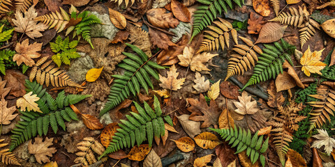Obraz premium Rugged terrain of forest floor with scattered leaves, twigs, and ferns, blending seamlessly into a worn camouflage military background with muted earth tones.