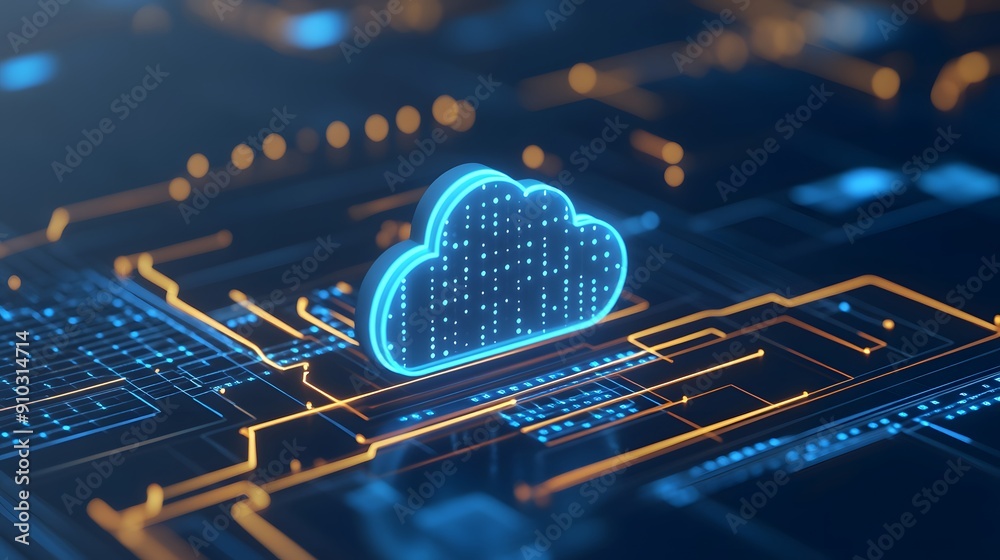 Poster futuristic visualization of cloud computing, representing data storage and internet technology innov