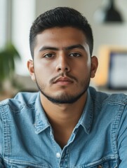 Obraz premium A person wearing a denim shirt looks directly into the camera lens