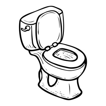 recommend clip art: Ceramic toilet with raised lid. Hand drawn doodle. Shower room. Personal hygiene. Pot for an act of defecation. Bathroom. Vector outline line art illustration.