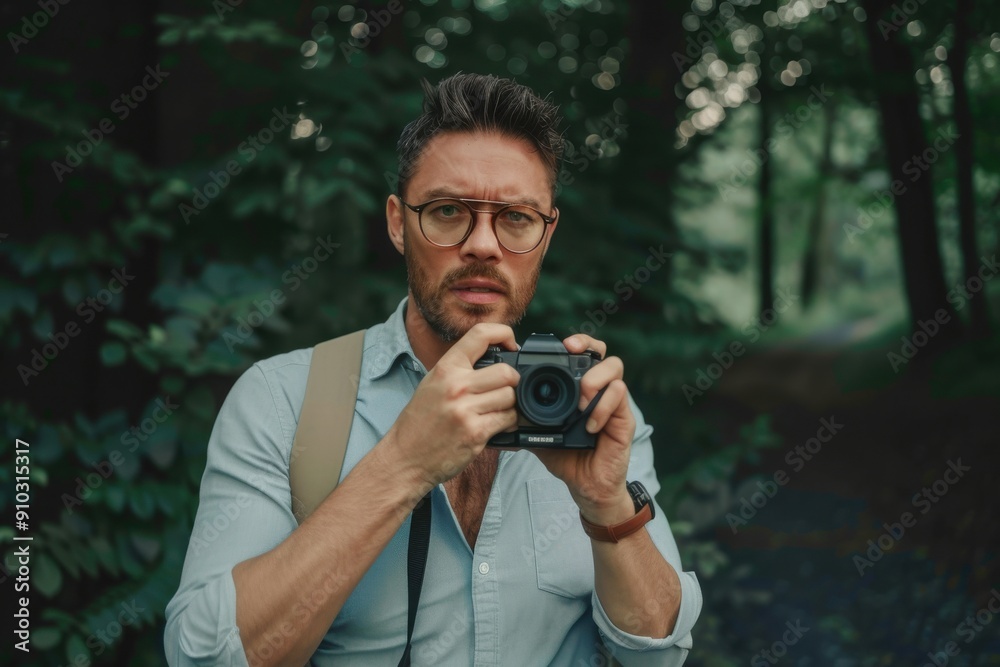 Wall mural gentleman photographer one man, modern and handsome holding a camera outdoors