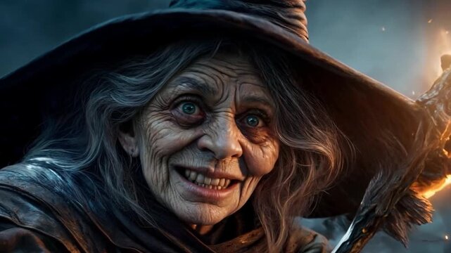 An ominous Halloween scene features an elderly sorceress with a malevolent grin, tightly holding her aglow staff. The blazing light illuminates the shadowy environment around her. Generative AI