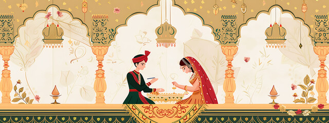Obraz premium A vibrant Indian wedding ceremony with gold, red and green colors, depicting a traditional celebration of love and commitment. 