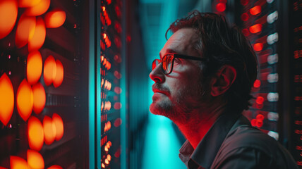 Male IT technician analyzing servers in a data center.