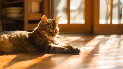 A tabby cat basking in warm sunlight on a wooden floor, with brown, orange, and yellow tones, capturing a peaceful and cozy moment. 
