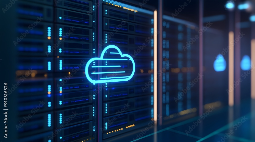 Poster modern data center showcasing cloud computing technology with illuminated server racks, representing