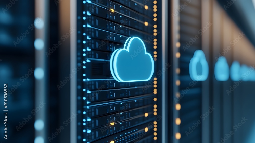 Poster modern data center with cloud computing technology, highlighting servers and scalable solutions for 