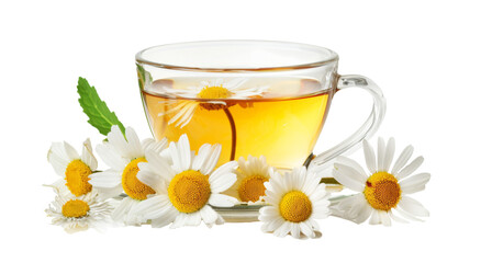 a glass cup of chamomile tea with fresh flowers on white background, isolated