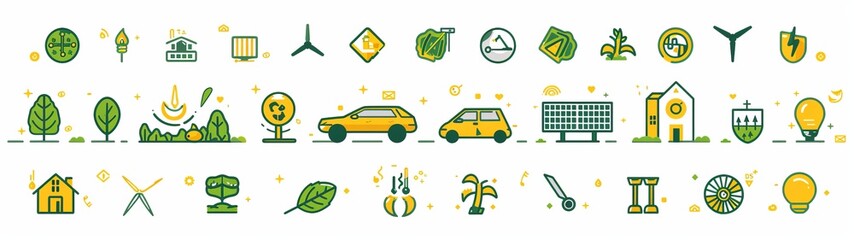 Naklejka premium icons representing green energy, including solar panels, an electric car, a wind turbine
