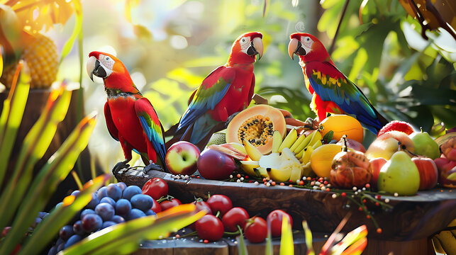 Vibrant red, blue, and green parrots perched on a wooden table surrounded by tropical fruits, evoking a sense of exotic beauty and summer vacation. 
