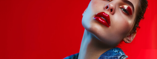 Red lips, golden eyeshadow, blue denim, a woman's face against a red background, evoking confidence and boldness, perfect for fashion and beauty campaigns. 
