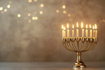 Hanukkiah Menorah candlelight during traditional celebration Hanukkah Jewish religion holiday symbol background
