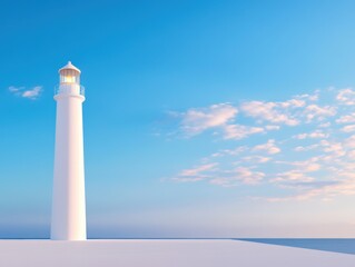 Serene lighthouse illuminated by morning light over tranquil ocean waves © Mykhailo Podolian