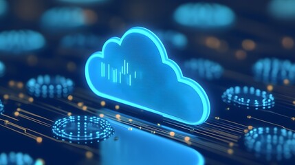 Neon cloud computing technology representation with circuit board background, symbolizing digital data, storage, and internet services.