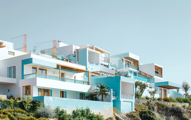 Fototapeta premium Modern Mediterranean architecture, white, blue, and brown, showcasing a luxurious vacation home. 