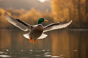 Obraz premium flying mallard lake duck hunting anas platyrhynchos flight water bird fowl pair animal male wing winter wildlife quack flock wild green nature pond fly