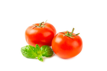 Fresh cherry tomatoes and fresh green basil isolated on white background. Tomato sauce. Vegan. Ingredients for salad. Organic food. Place for text. Copy space.