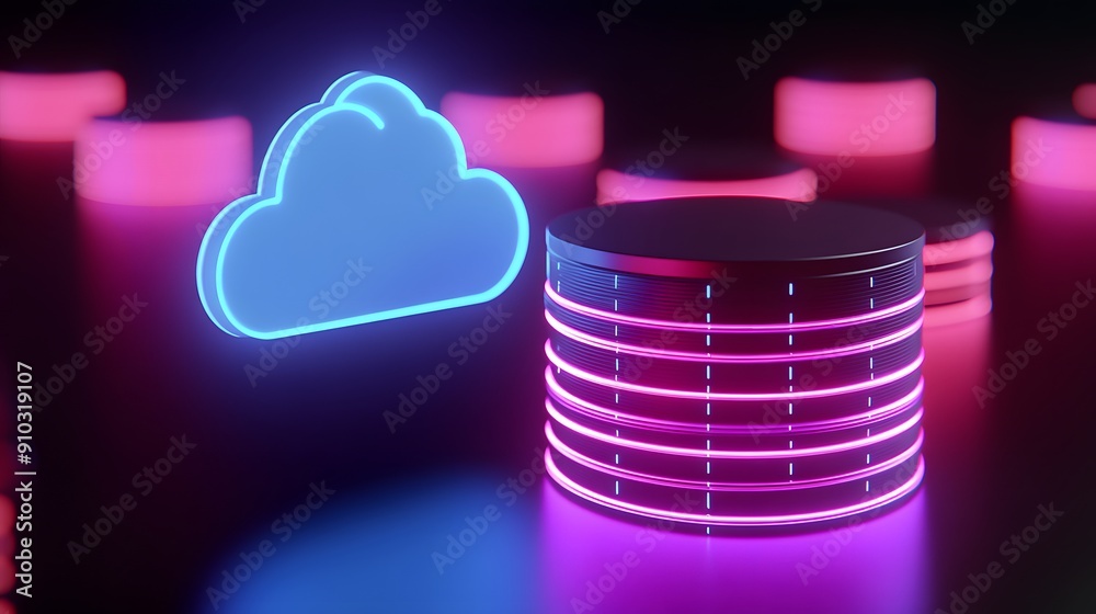 Poster neon cloud storage and database concept with illuminated icons representing modern data storage tech