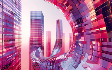 Pink, purple, and blue futuristic skyscrapers, a modern architectural design, evokes a sense of wonder and progress, perfect for technology and innovation. 
