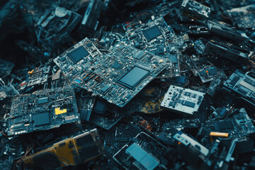 Intricate Tangle of Broken Circuit Boards Offering a Glimpse into Electronic Waste