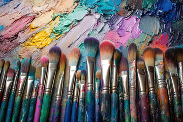 Fototapeta premium Fusion of Makeup and Art: Vivid Brushes Transforming Faces into Canvases