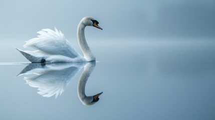 Swan Gliding on Serene Misty Lake.