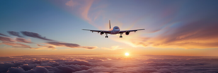 Commercial Airplane Flying Above Dramatic Clouds During Sunset